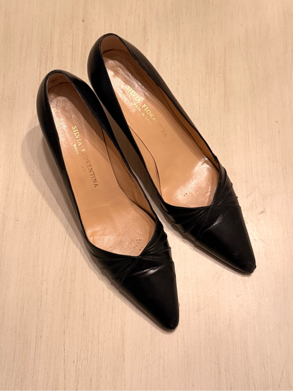 Vintage Silvia Fiorentina Ruched Pointed Toe Black Leather Pumps 10 M